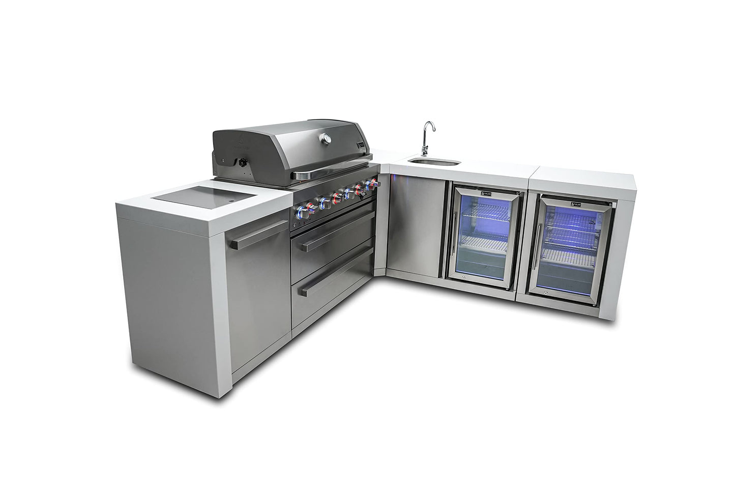 Mont Alpi MAi805-D90BEVFC 44-inch 6-Burner 115000 BTU 90 Degree Corner Deluxe Stainless Steel Gas Outdoor Kitchen Barbecue Island Grill + Lockable Compact Refrigerator + Faucet & Sink + Rotisserie Kit