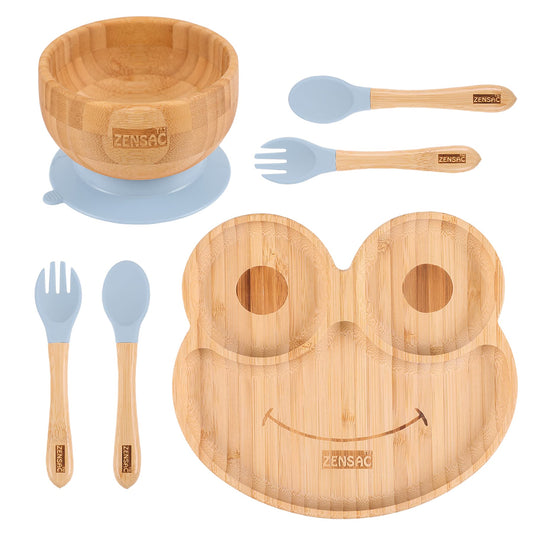 6PCS Bamboo Baby Feeding Set, Baby Suction Bowl & Plate with Silicone Spoons & Forks, Wooden Feeding Supplies for Infant & Toddlers, Baby Led Weaning Supplies Non Slip & BPA Free (Blue-Frog)