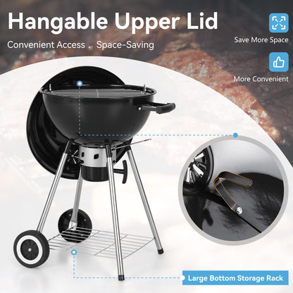 GREEN PARTY 18 inch Kettle Charcoal BBQ Grill with Wheels, Portable Charcoal Grill with Porcelain-Enameled Lid & Ash Catcher for Outdoor Cooking Barbecue Camping Picnics Tailgating