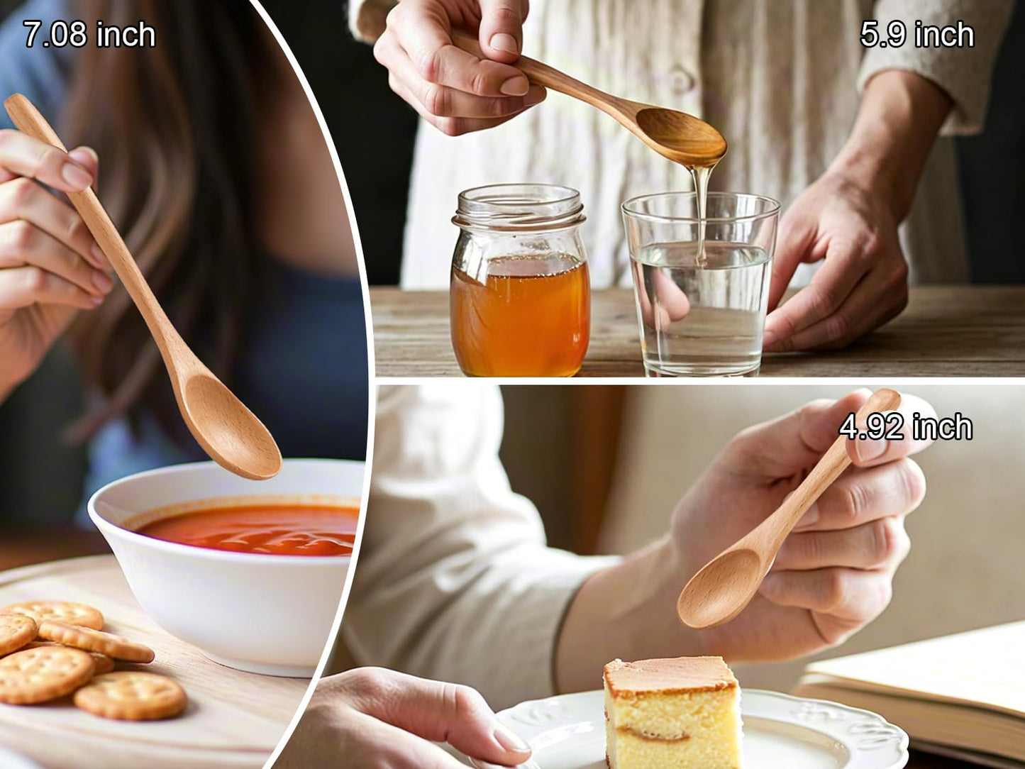 6 Piece Wooden Spoons Set - Premium Beech Wood Small Spoons in 3 Sizes (4.9", 5.9", 7.1") for Honey, Tea, Coffee, Multi-Purpose Mini Teaspoons Utensils for Ice Cream and Soup
