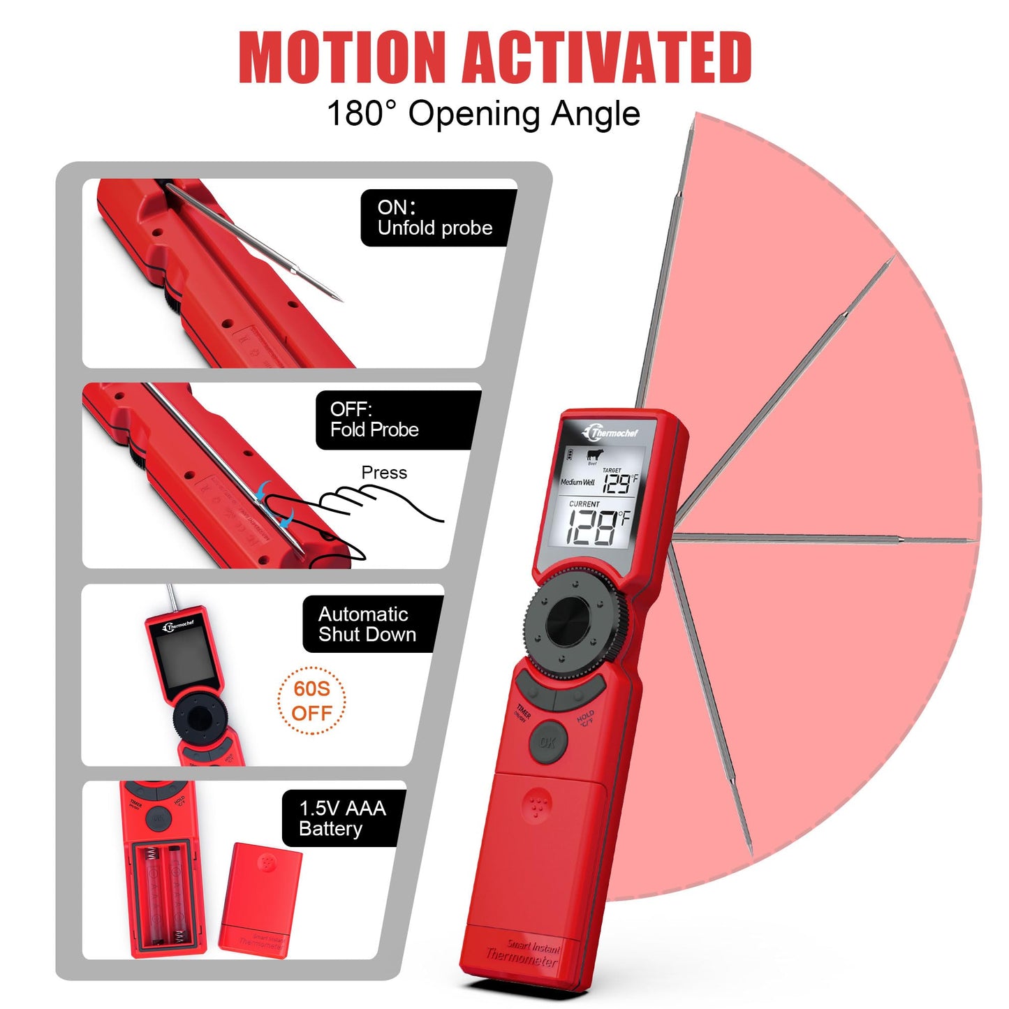 Thermochef Meat Thermometer Digital Instant Read for Grilling, High Accuracy ±1% ℉, Backlit Screen with Auto Wake/Sleep, Customized Mode Food Thermometer for Cooking, BBQ Beef Home Essentials Red