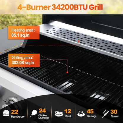 4-Burner Propane Gas Grill with 2 Foldable Side Tables, 34,200 BTU Outdoor BBQ Grill with Porcelain-Enameled Flame Tamers, Built-in Thermometer, Easy Assembly for Patio, Backyard BBQ