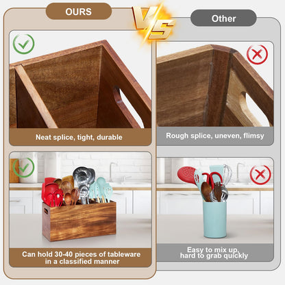 Guijinga Extra Large Kitchen Utensil Holder with 4 Compartments，Acacia Wood Utensil Holder Counter，Suitable for Kitchen Countertops to Store Tableware and Cooking Tools Wooden Utensil Organizer