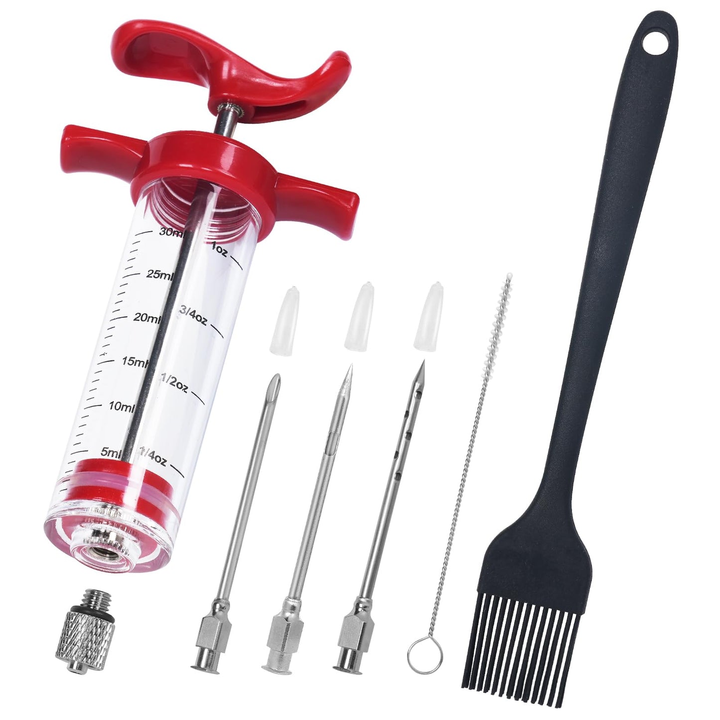Turkey Injector Syringe - 3 Marinade Injector Needles, 1oz Meat Injector Syringe, Include 5- Hole Needle, Premium Portable Meat Injector Kit with Black Oil Brush & Cleaning Brush, Easy to Use & Clean