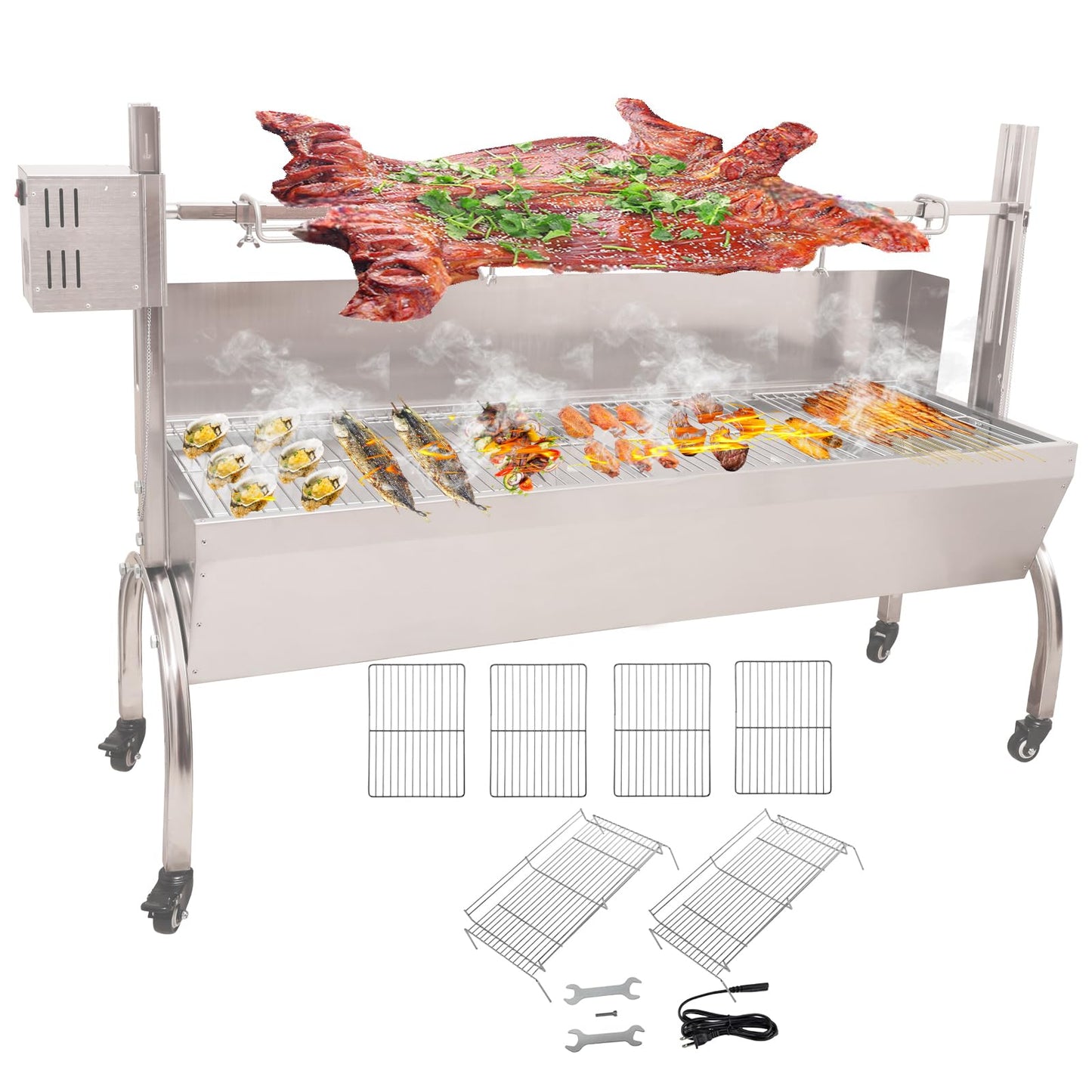 DEWOSEN 50W Rotisserie Grill With Wind Screen - 51 Inch BBQ Outdoor Pig & Lamb Spit Roaster - 132LBS/60KG Stainless Steel Charcoal Spit Rotisserie Grill for Camping & Outdoor Barbecue