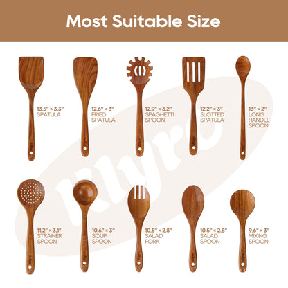 KLYRO Teak Wooden Cooking Utensils Set, 10 Piece Premium Kitchen Cookware, Non-Scratch Wooden Spoons for Cooking, Perfect for Cooking and Serving