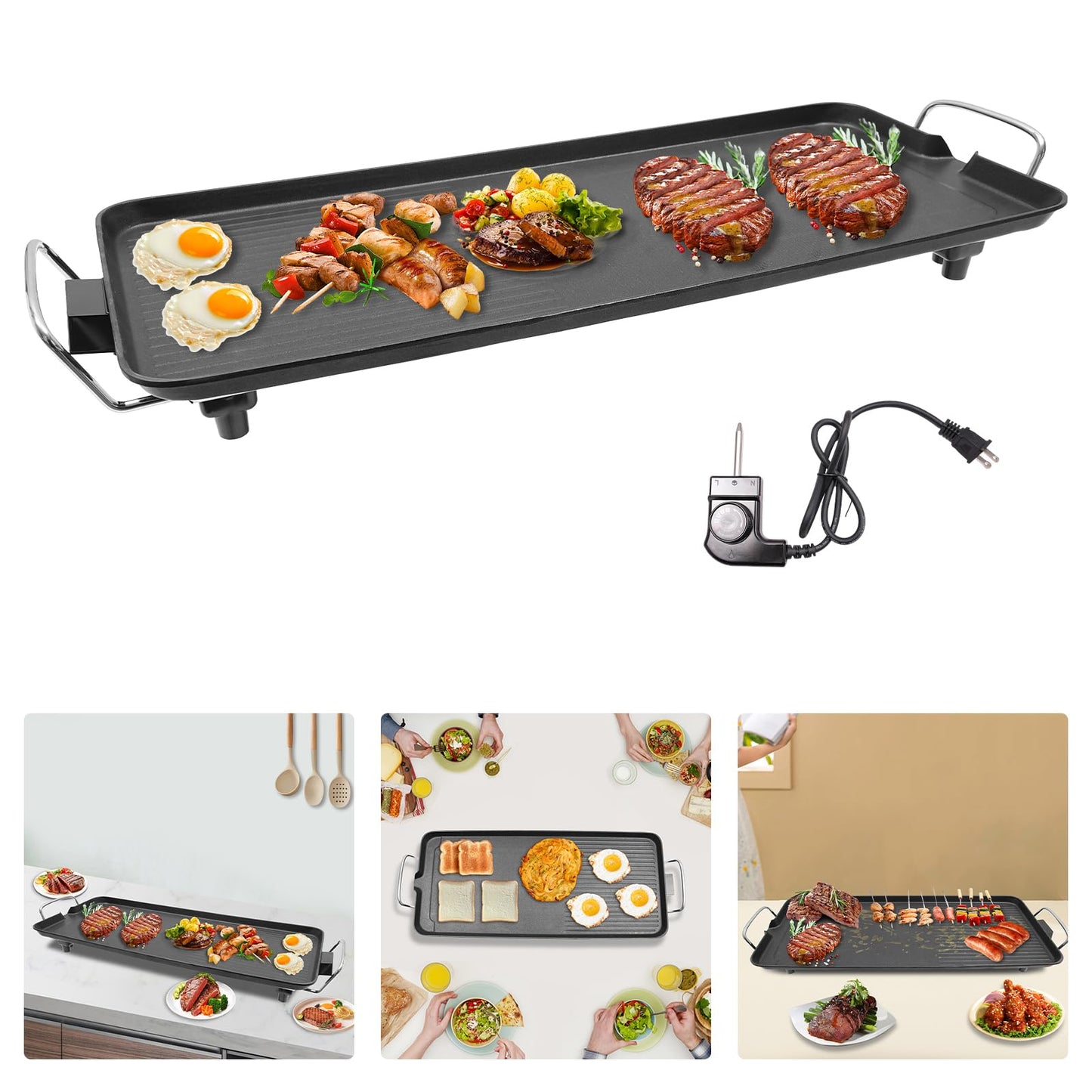 27'' 1500W Electric Griddle Teppanyaki Grill Hob Nonstick Large Griddle Long Countertop with Adjustable Temperature Indoor Outdoor Table Top Grill for Outdoor Yard Travel Picnic Camping Party