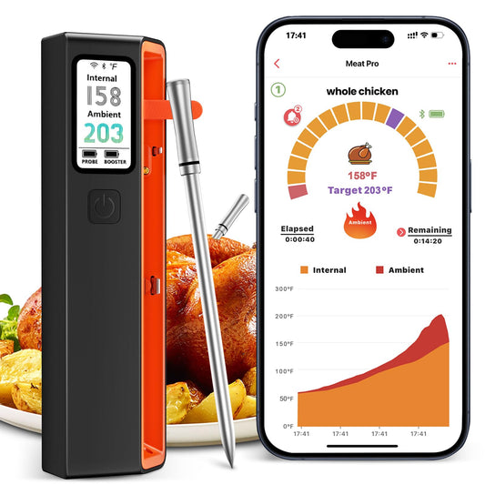 UNERVER Wireless Meat Thermometer with WiFi - Smart LED Digital Control Base, 6 Sensors Bluetooth Probe with ±0.5°F Instant Read Accuracy, App Controlled, Unlimited Range for BBQ,Smoker,Grill,Oven