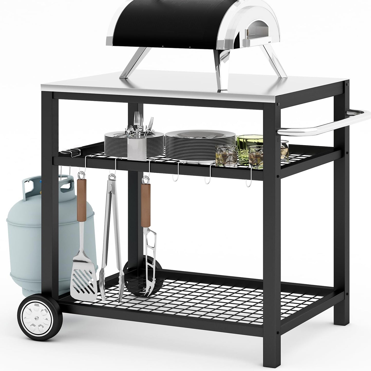WEASHUME Stainless Steel Grill Cart Pizza Oven Stand Trolley Table with Wheels Pizza Cart Three-Shelf Movable Food Prep Work Dining Table with Double-Shelf Heavy Duty Outdoor 31.5" x 24 x 33.5