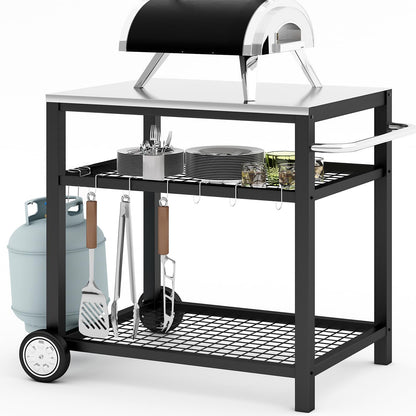 WEASHUME Stainless Steel Grill Cart Pizza Oven Stand Trolley Table with Wheels Pizza Cart Three-Shelf Movable Food Prep Work Dining Table with Double-Shelf Heavy Duty Outdoor 31.5" x 24 x 33.5