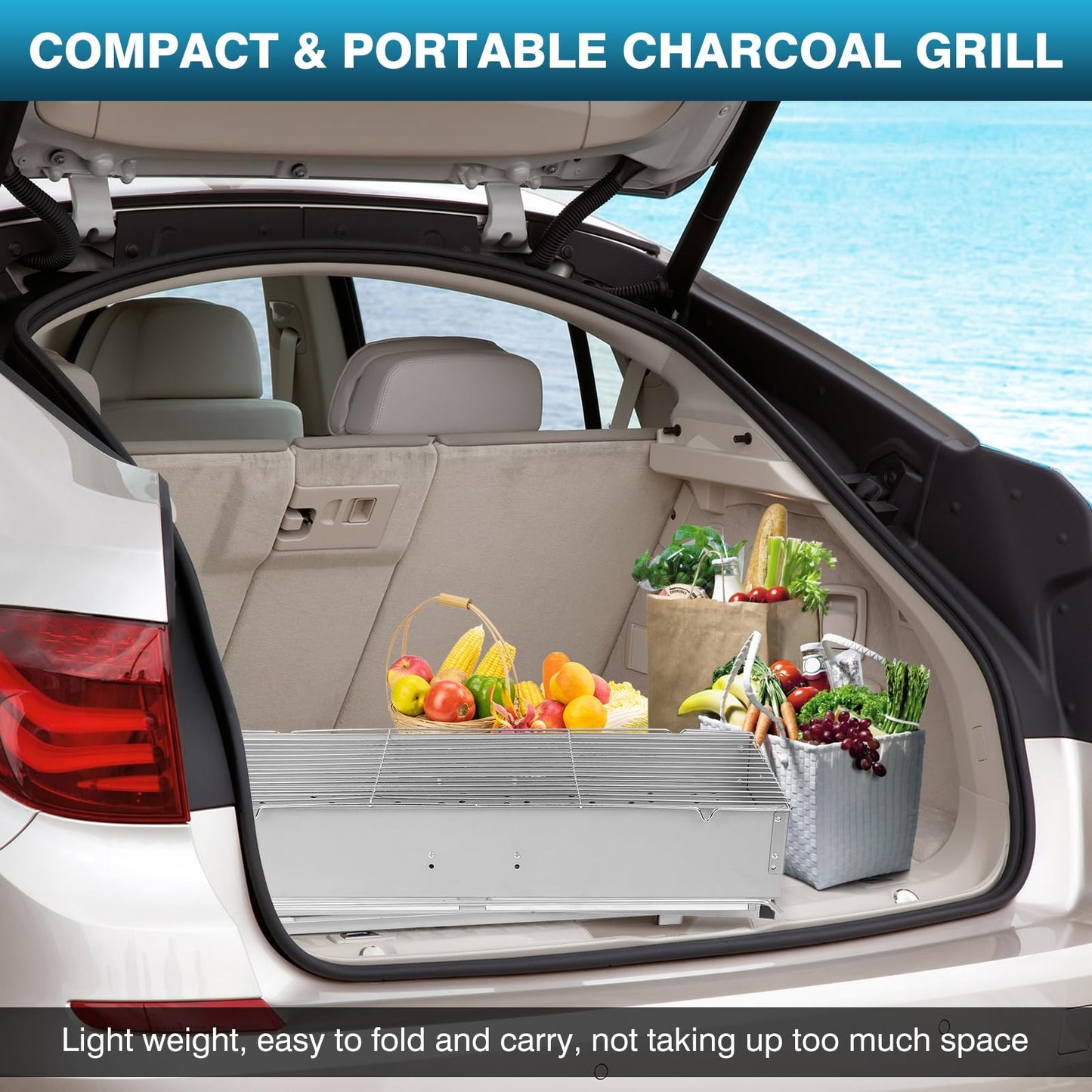 IRONWALLS Portable Charcoal Grill Outdoor Cooking, 32”L x 10”W Folded Camping Barbecue Grill with Storage Shelf, Metal Kebab Skewers, Rectangular Lamb Skewer Grill for Backyard Party Picnic Travel