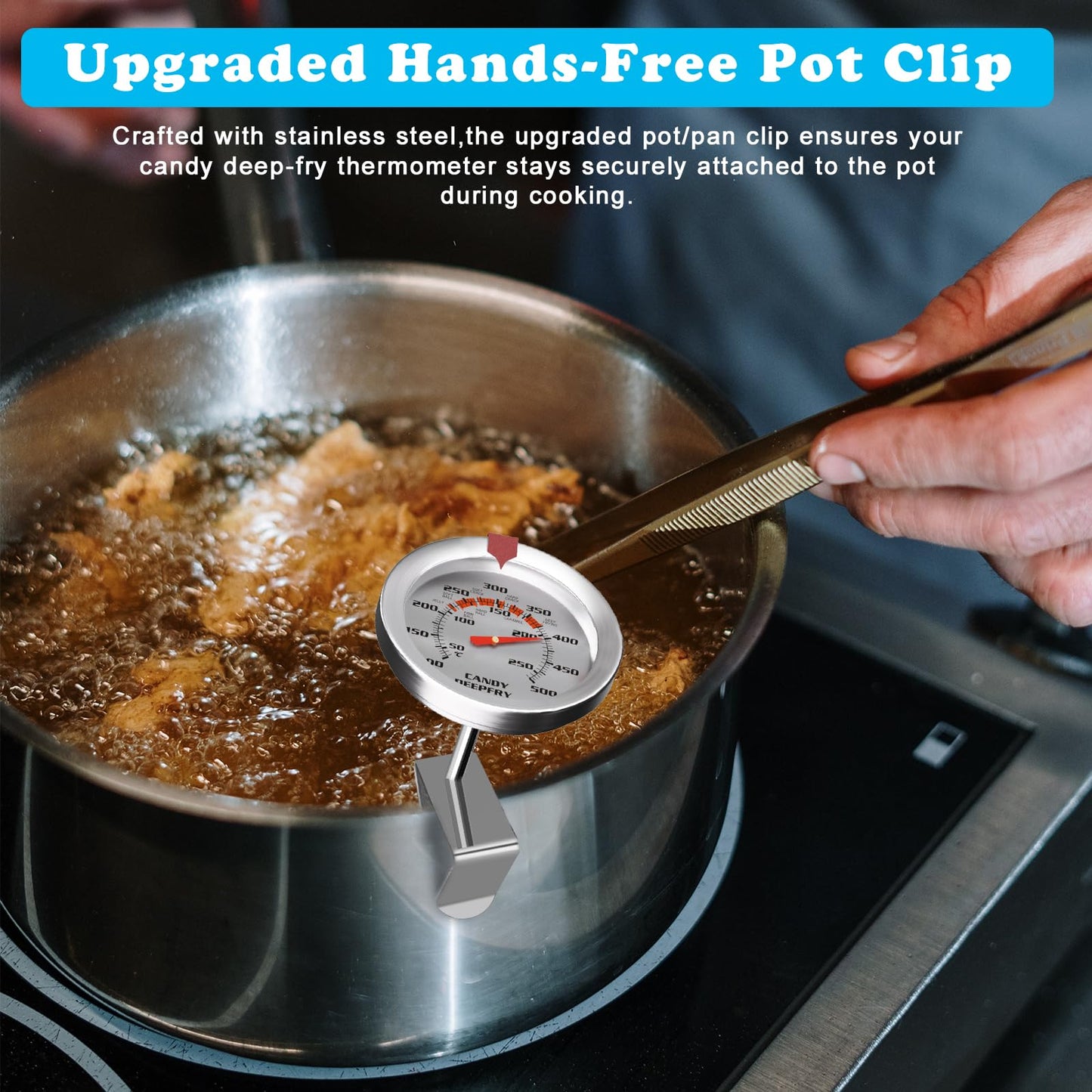 Stainless Steel Candy Thermometer with Pot Clip Deep Fry Oil Thermometer with 9" Long Probe & 2" Dial Accurate Temperature Reading for Cooking Candy Sugar Jelly Syrup Deep Frying Thermometer