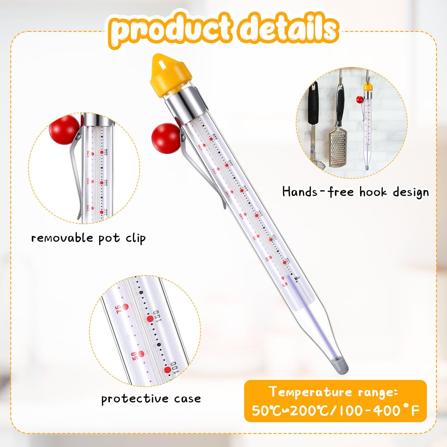 Photect 2 Pcs Candy Thermometer with Pot Clip 8" Deep Fry Oil Thermometer Instant Read Cooking Food Thermograph Sugar Syrup Jam Jelly Oil Temperature Kitchen Accessories for Home Cooking(Yellow)