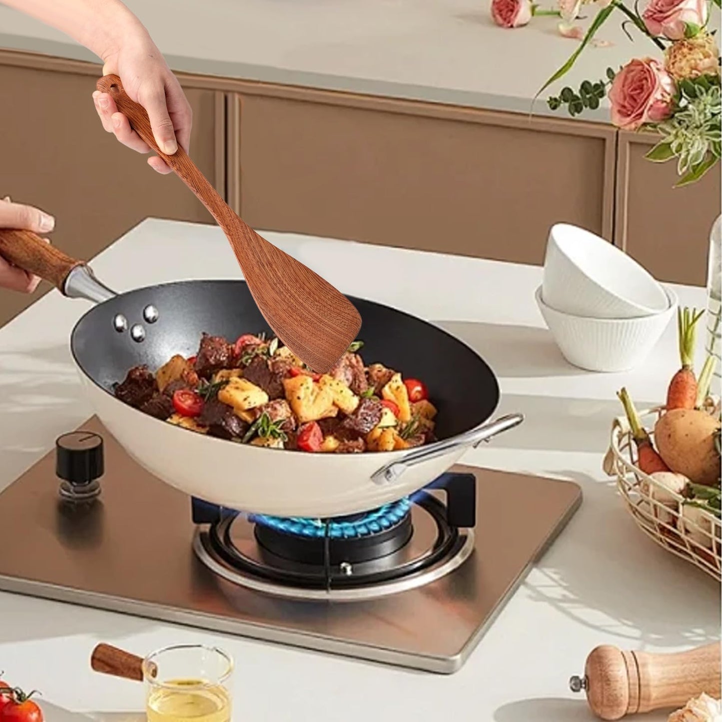 3 Pack Wooden Spatula for Cooking 12 Inches Paddle, Turner, Slotted Spatula, Cooking Utensils for Nonstick Cookware, Kitchen for Fish, Eggs, Pancakes