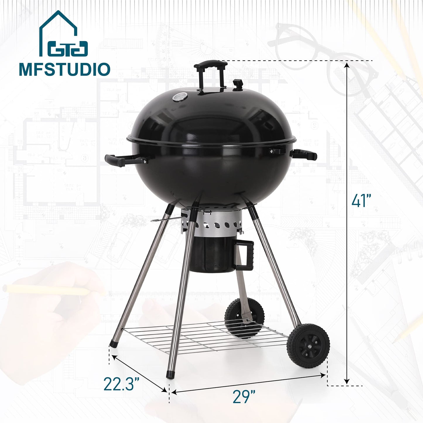 MFSTUDIO 22" Master Kettle Charcoal Grill, Premium Outdoor Barbecue Grill with Thermometers, Porcelain-Enameled Lid & Ash Catcher, Black