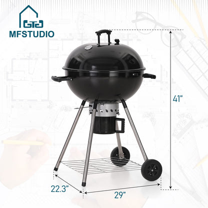 MFSTUDIO 22" Master Kettle Charcoal Grill, Premium Outdoor Barbecue Grill with Thermometers, Porcelain-Enameled Lid & Ash Catcher, Black