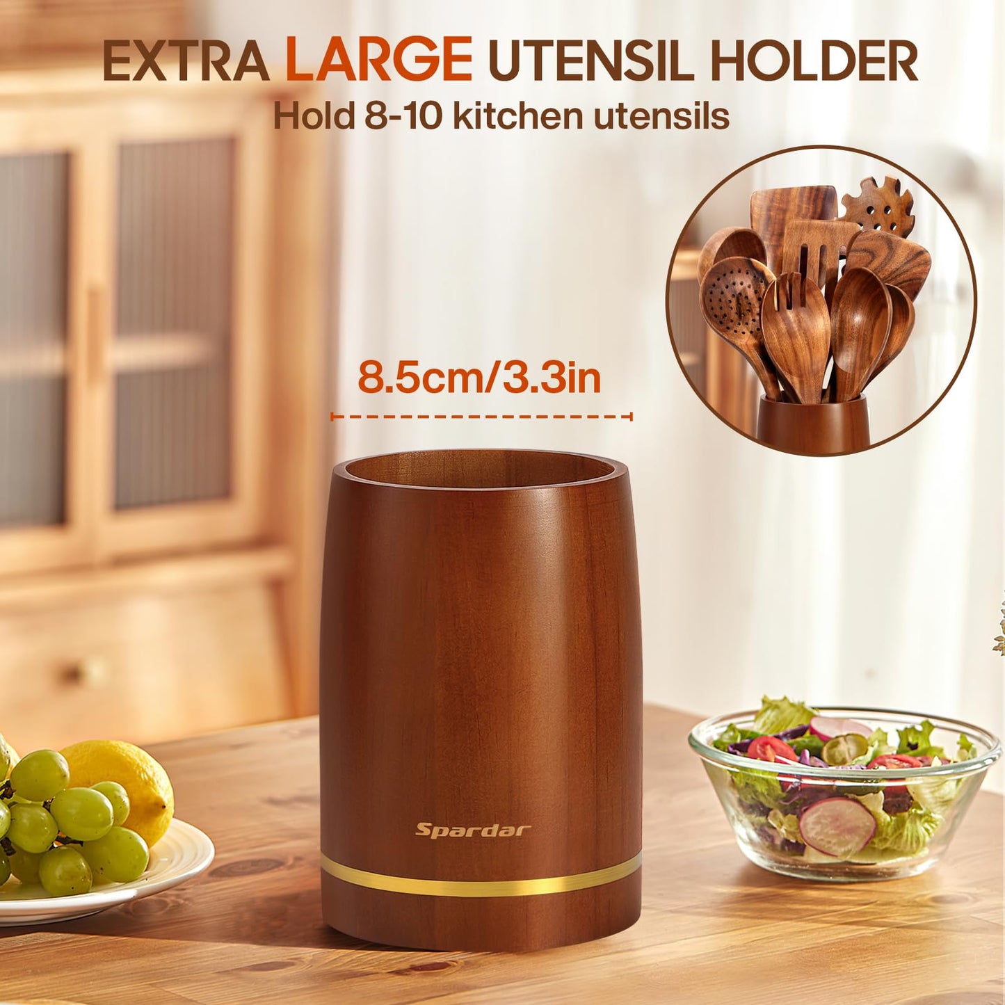 Spardar Wooden Kitchen Utensils, 12 Piece Set Wooden Spoon Set with 9 Teak Wood Cooking Spoons, Spoon Rest, Pot Holde, 3.3 Inch Utensil Holder, as Kitchen Decoration and Housewarming Gift