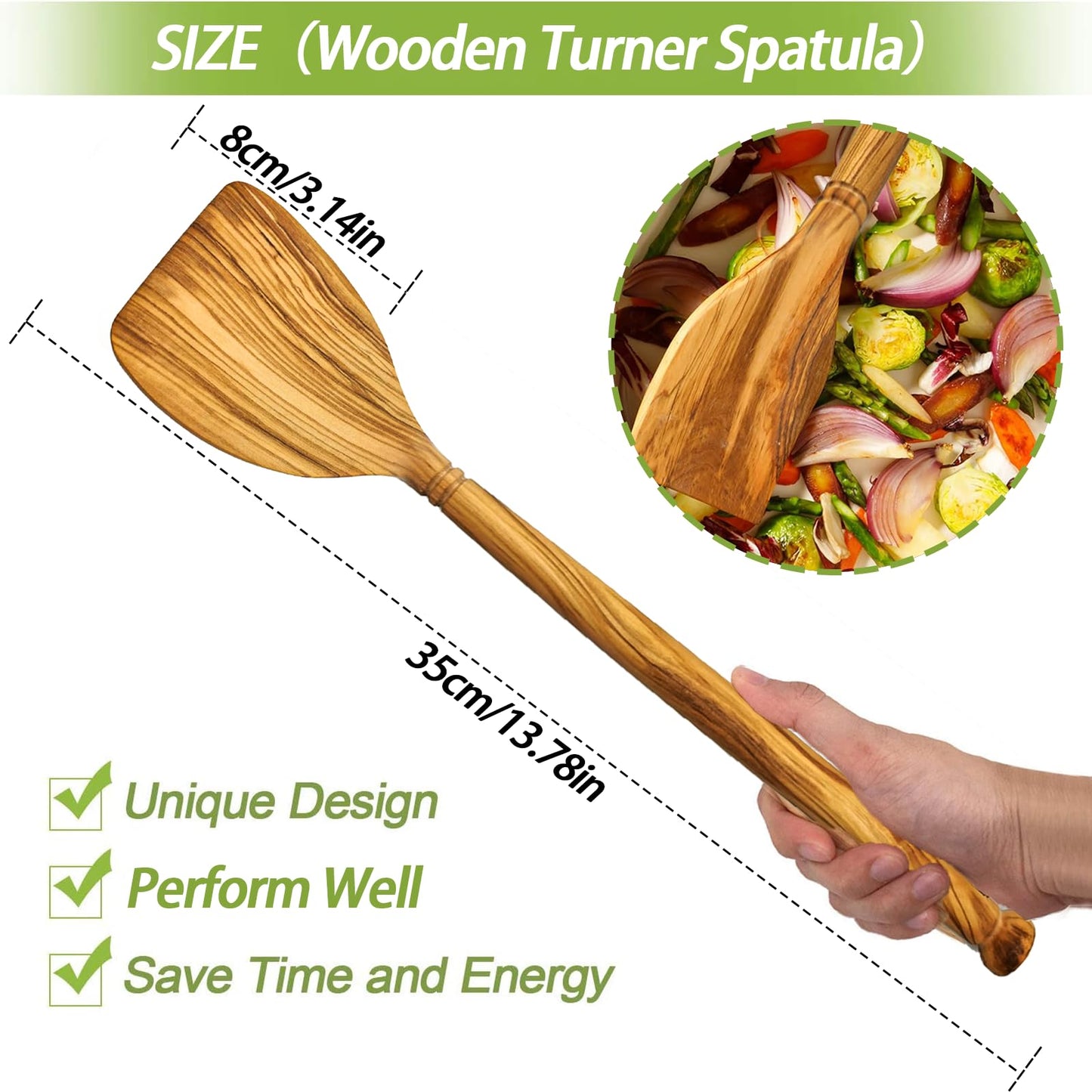 13.7 Inch Olive Wood Spatula for Cooking, Wooden Cooking Spatula/Turner, Long Handle Flat Frying Spatula, Olive Wooden Cooking Utensils for Nonstick Cookware Stirring, Frying & Flipping