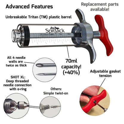 SpitJack SPITJACK SHOT XL Meat Injector Syringe for Smoking. Turkey Marinade and Brisket Flavor Injection Kit. BBQ Accessories and Cooking Gift for Men. Stainless Steel 4 Needles, Case, 70ml Capacity.