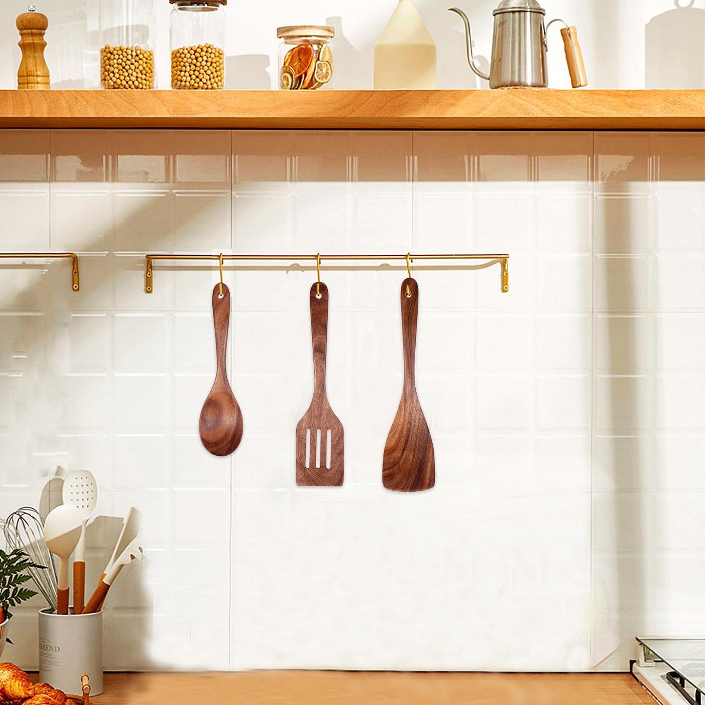 5 PCS Wooden Spatulas for Cooking Acacia Wood Kitchen Utensil Set Mixing Cook Spoons Non-stick Wooden Cooking Utensils Includes Wood Spatula Slotted Spatula Strainer Spoon Salad Spoon Salad Fork