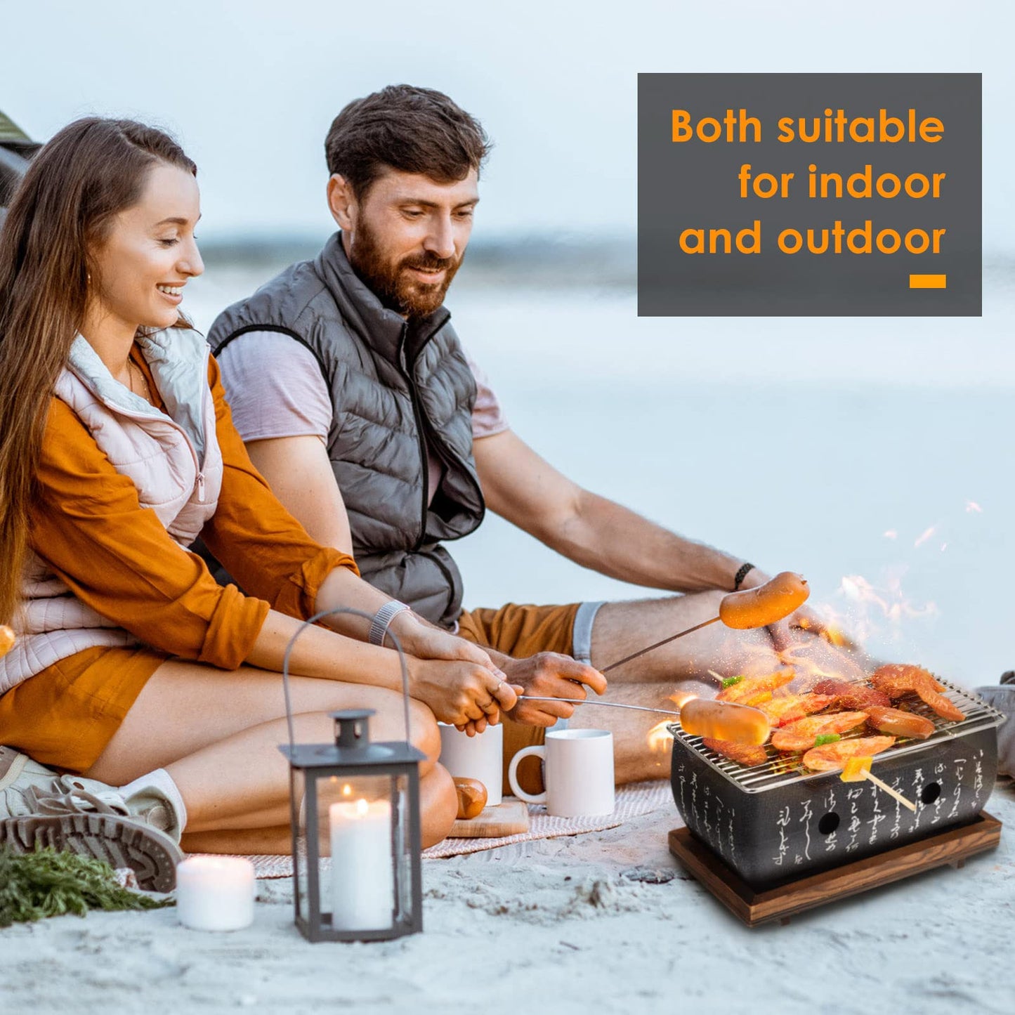 Japanese Style Grill Portable Japanese Barbecue Aluminum Alloy Hibachi Grill Charcoal Stove Yakitori Household Charcoal with Wire Mesh Wooden Base