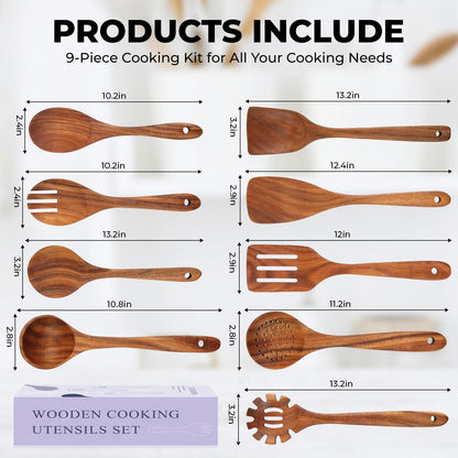 9Pcs Wooden Cooking Utensils, Wooden Spoons for Cooking, Teak Wood Kitchen Utensil Set