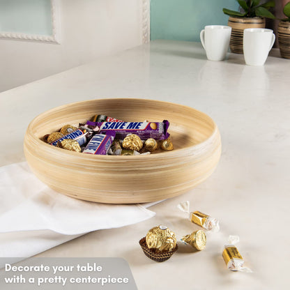 LEXA 12" Handmade Natural Bamboo Wooden Fruit Bowl for Kitchen Counter - 130 oz Lightweight Large Bamboo Wood Salad Bowl