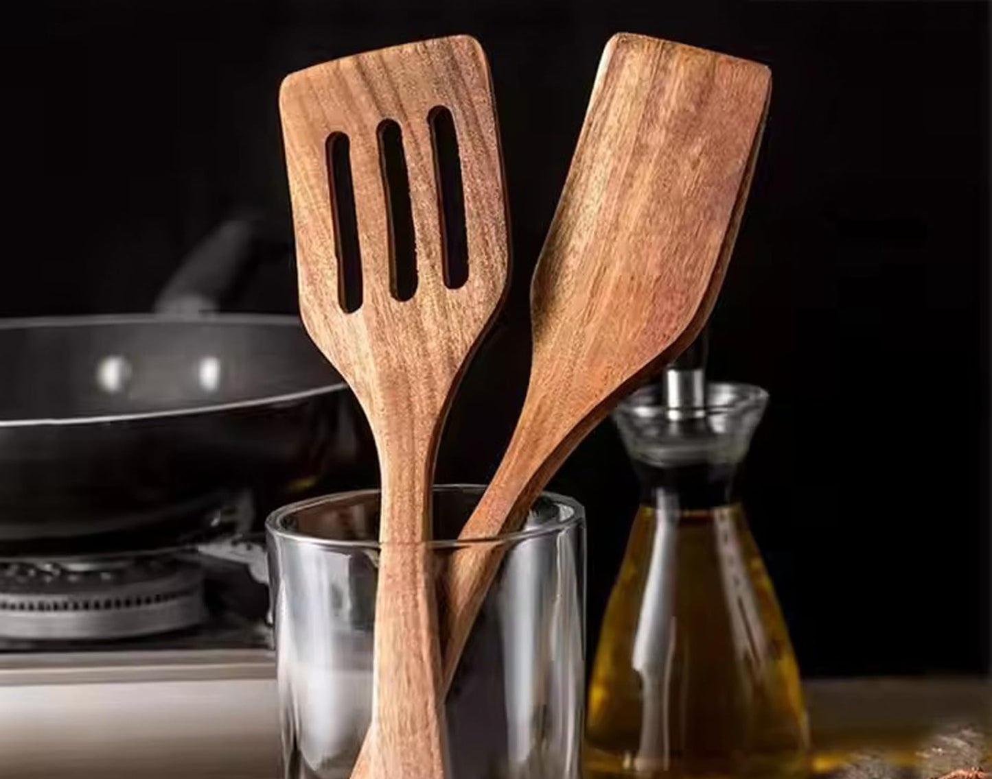 Wood Spatulas Wooden Spatula for Cooking 2pcs Acacia Wood Cooking Spoon Slotted Turner Wooden Kitchen Utensils Non-stick Kitchen Utensils with Frying Spatula Turner Flipper Spatulas Set