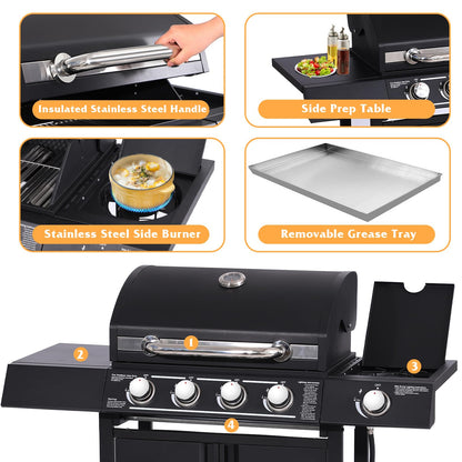 GIODIR 4-Burners Propane Gas Grill with Side Burner, 50,000 BTU Outdoor BBQ Grill, Cast Iron Cooking Grate with Wheels for Outdoor Patio Garden