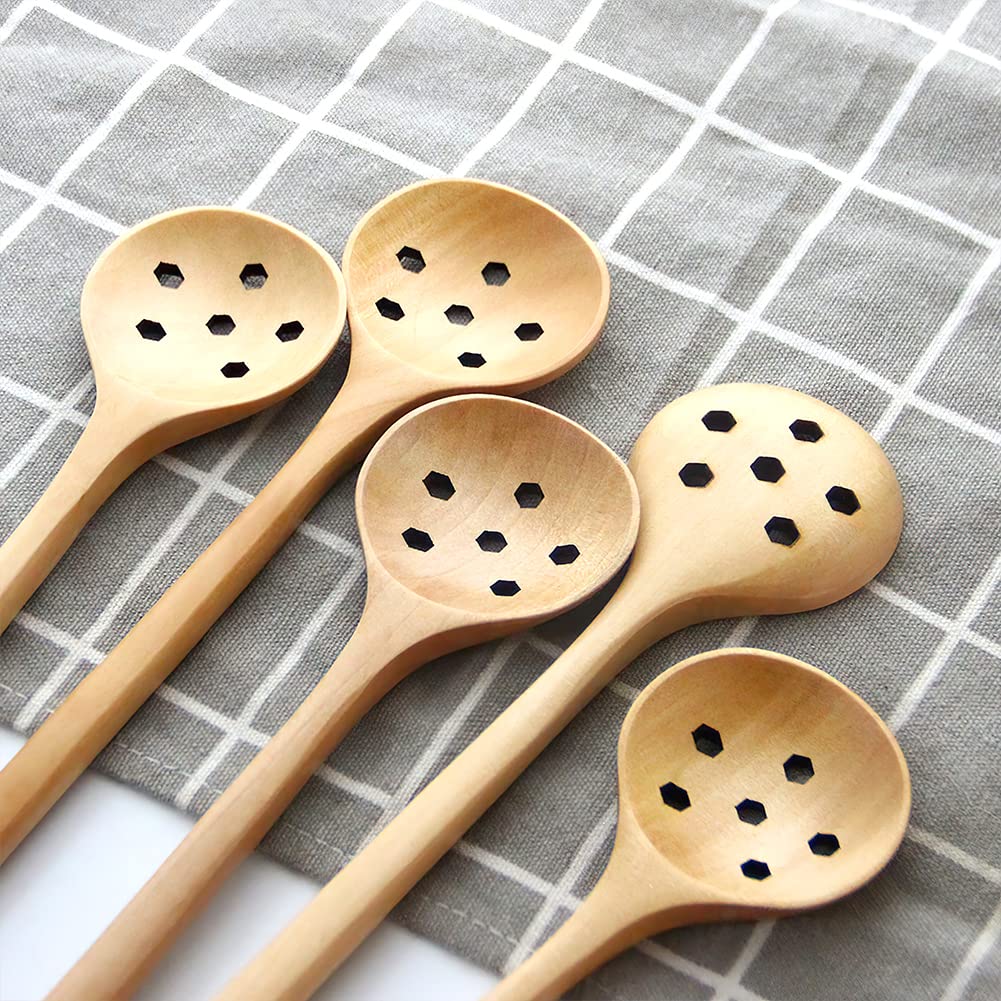 1 Pieces Olive Wooden Spoon,11 Inches Korean Style Long Handle Wooden Round Slotted Spoons for Jam Olive