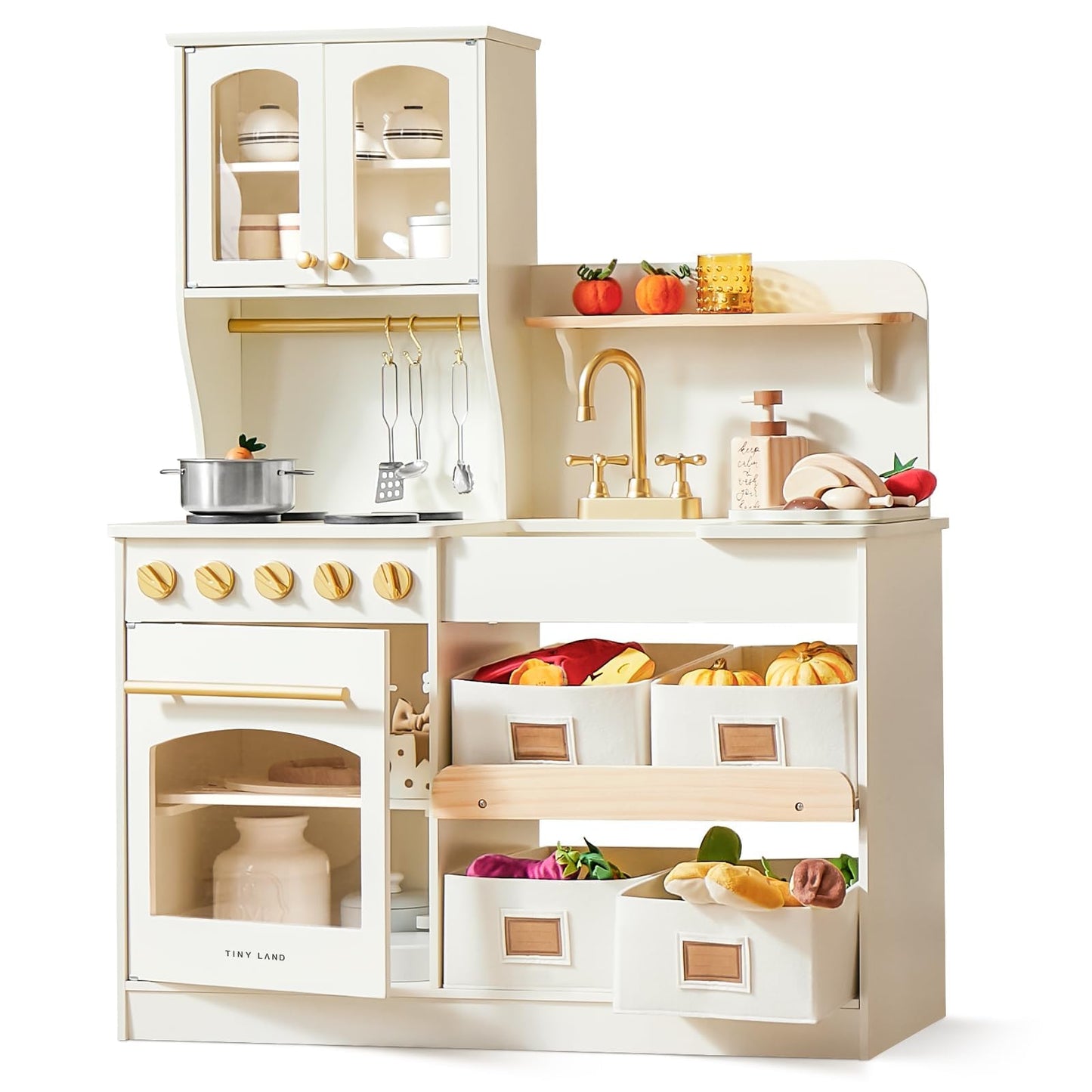 Tiny Land Play Kitchen for Kids, Wooden Play Kitchen with Toy Storage System, Toy Kitchen Set with Plenty of Play Features, Kids Play Kitchen Designed, Gift for Ages 3+