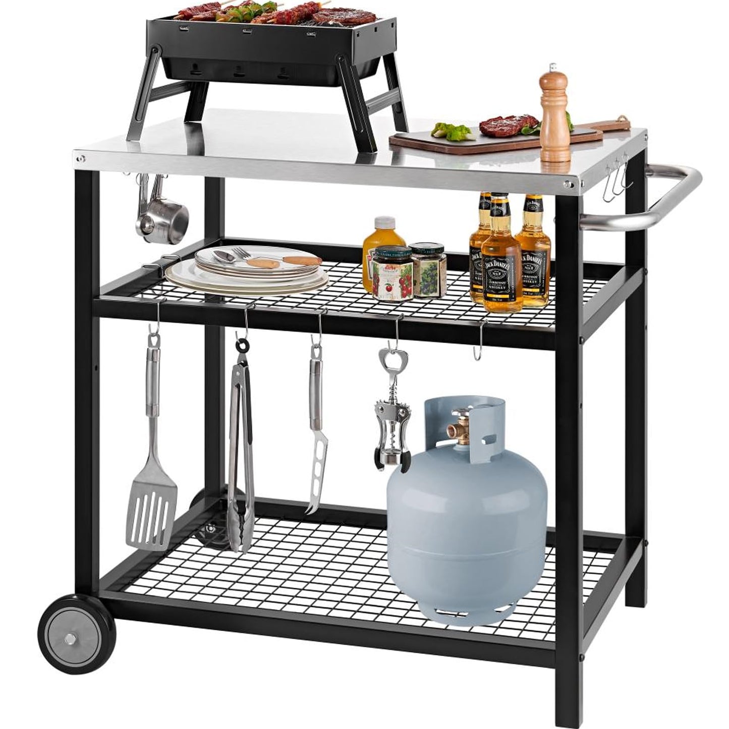 WEASHUME Stainless Steel Grill Cart Pizza Oven Stand Trolley Table with Wheels Pizza Cart Three-Shelf Movable Food Prep Work Dining Table with Double-Shelf Heavy Duty Outdoor 31.5" x 24 x 33.5