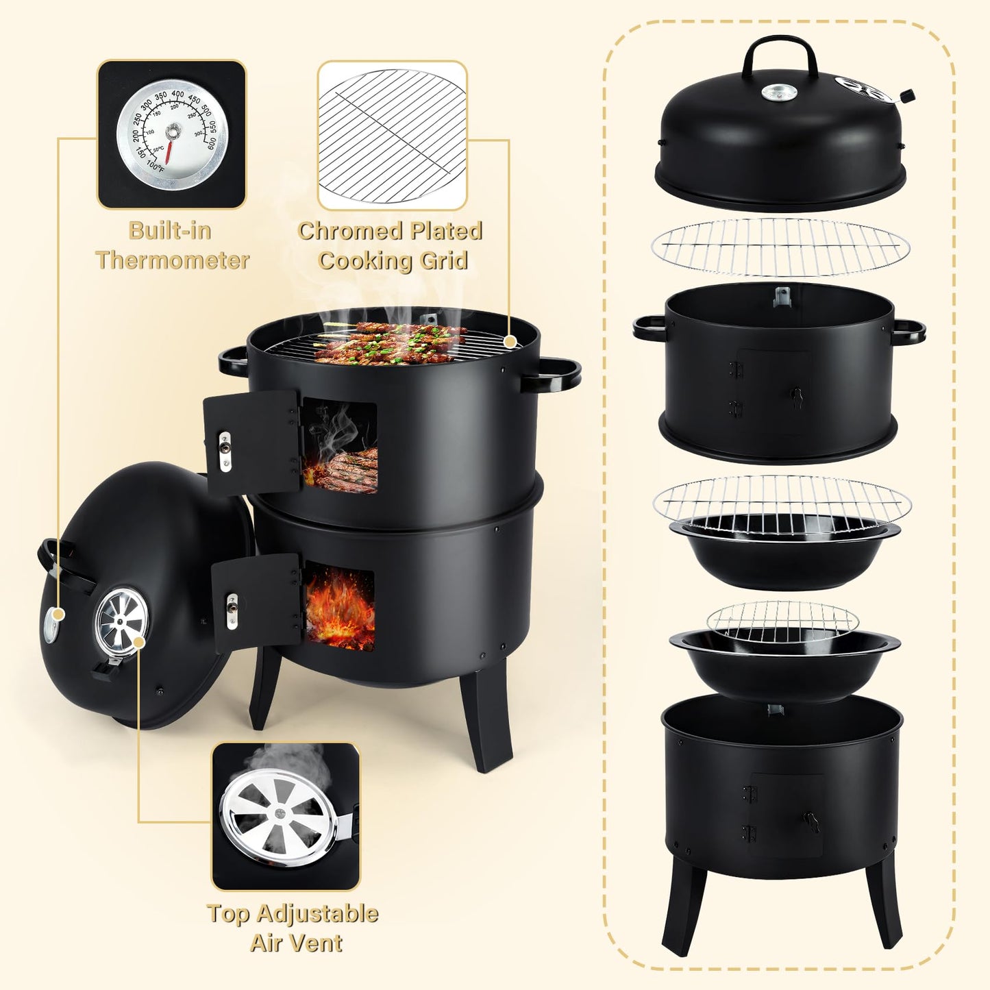 TCFUNDY 32" Vertical Charcoal Smoker Grill, Heavy-Duty BBQ Grill with Built-in Thermometer, 3 in 1 Grill and Smoker, Portable Meat Cooker with Air Vent for Outdoor Barbecue Cooking