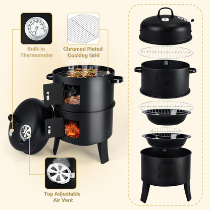 TCFUNDY 32" Vertical Charcoal Smoker Grill, Heavy-Duty BBQ Grill with Built-in Thermometer, 3 in 1 Grill and Smoker, Portable Meat Cooker with Air Vent for Outdoor Barbecue Cooking