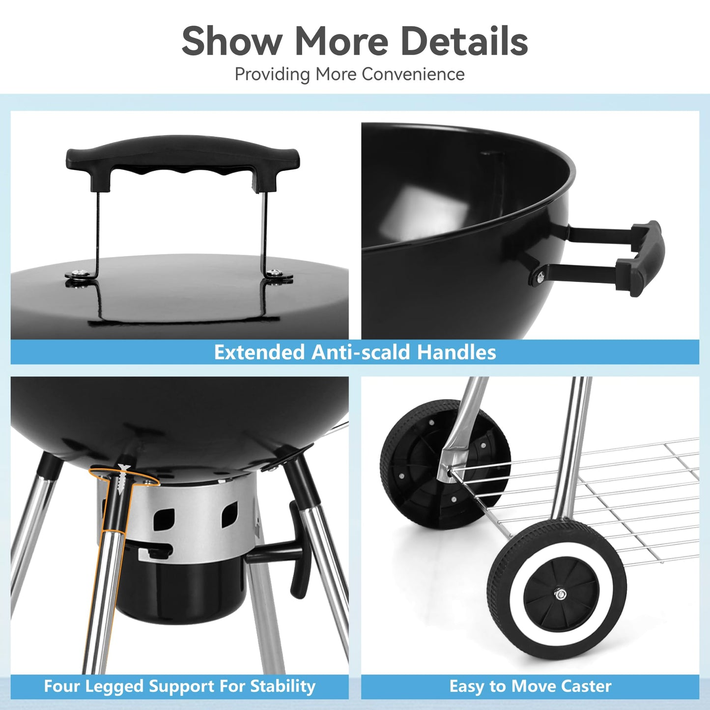 GREEN PARTY 18 inch Kettle Charcoal BBQ Grill with Wheels, Portable Charcoal Grill with Porcelain-Enameled Lid & Ash Catcher for Outdoor Cooking Barbecue Camping Picnics Tailgating