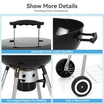 GREEN PARTY 18 inch Kettle Charcoal BBQ Grill with Wheels, Portable Charcoal Grill with Porcelain-Enameled Lid & Ash Catcher for Outdoor Cooking Barbecue Camping Picnics Tailgating