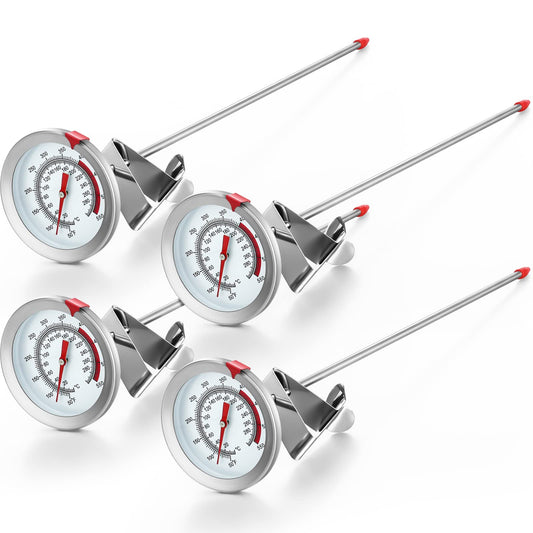 Kanayu 4 Pcs Deep Fry Thermometer with Pot Clip, 12'' Long Stem Oil Thermometer, Stainless Steel, Analog Display
