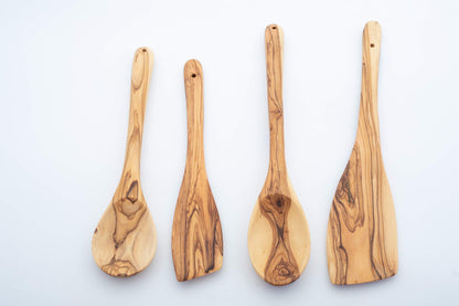 Handcrafted Olive Wood Cooking Spoon & Spatula (12 Inch Set of 2 Pieces) Carved by Talented Artists in Bethlehem, Practical Wooden Utensils Last for So Long, Resistant of Scratch