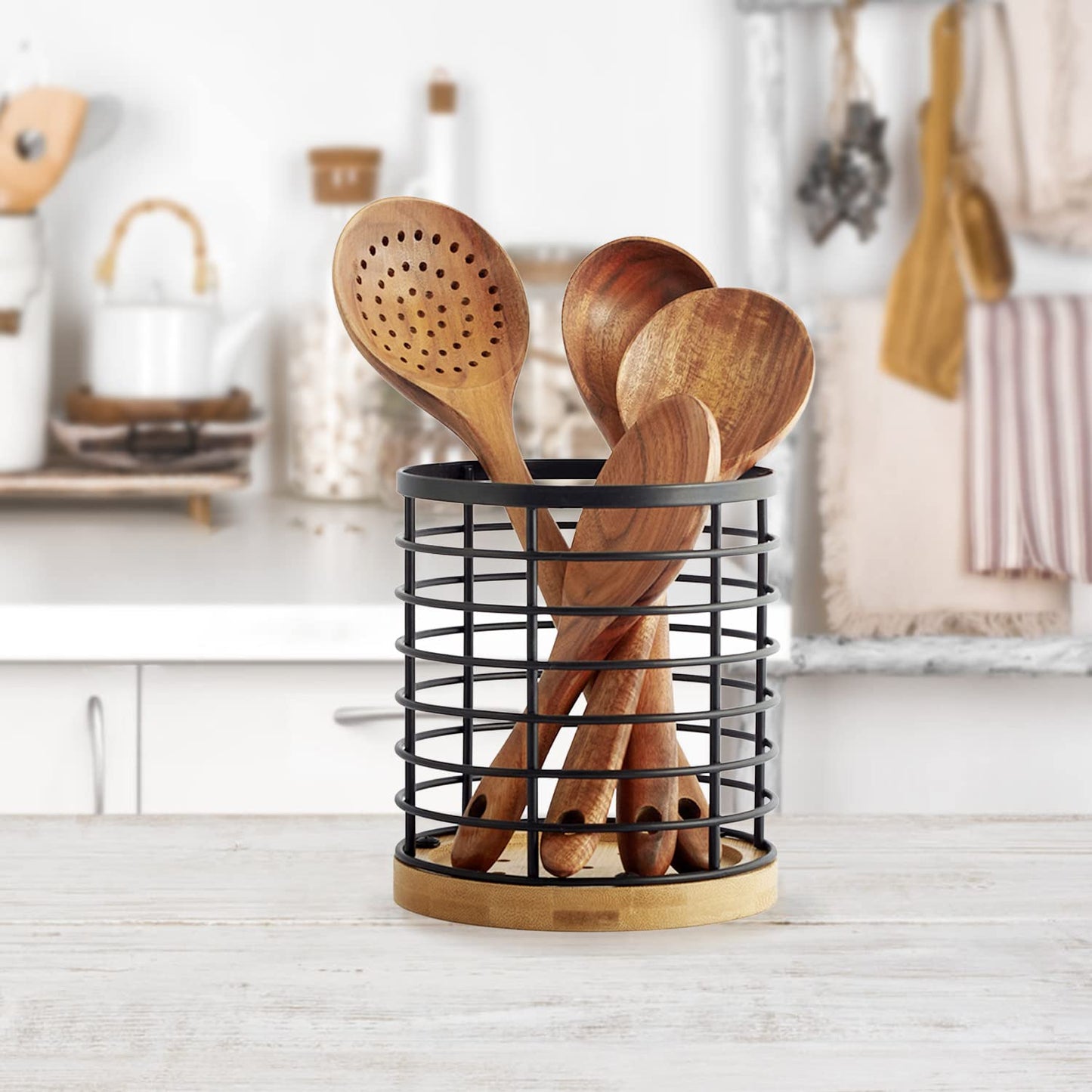 WDT Tool Utensil holder for Kitchen Counter - 5.2" x 5.2" x 6" Large Round with Wooden Base Matte Black Cooking Utensil Holder Utensil Organizer (Metal+Bamboo)