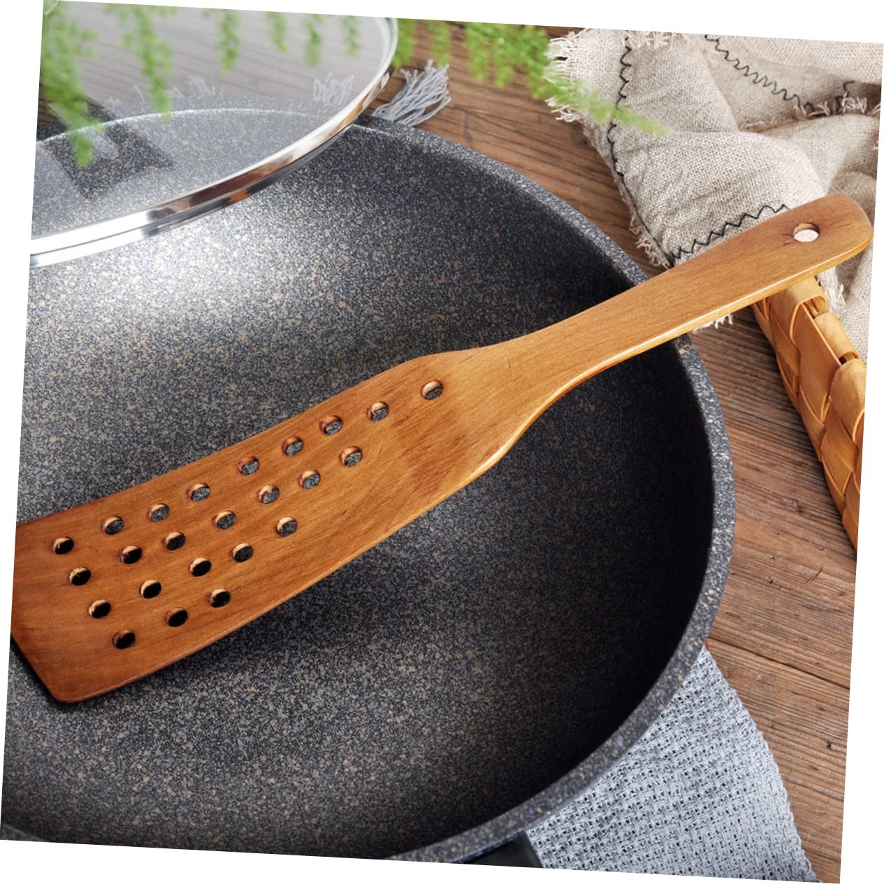 SHOWERORO 24 Hole Frying Spatula Wood Slotted Spatula Bread Stirring Stick with Hanging Hole Wooden Kitchen Stirring Tool for Sour