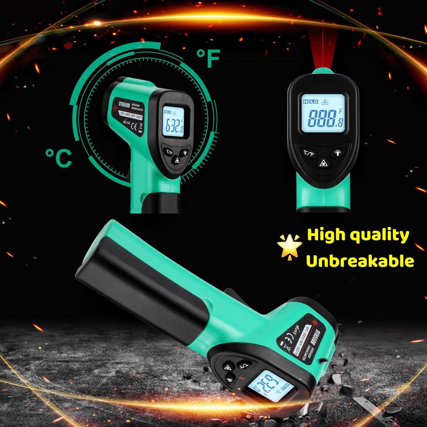 OnniOne Infrared Thermometer Gun for Cooking, -58℉~1022℉, Digital Laser Temperature Gun for Blackstone Pizza Oven Reptiles, IR Thermometer with Carrying Storage Case, Larger Font, LCD Backlit, Green