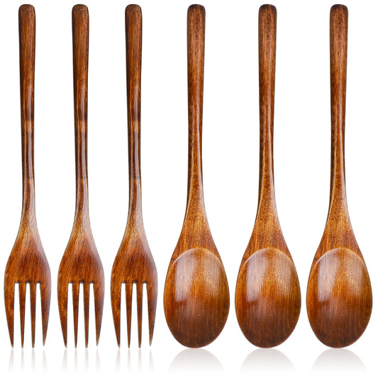 6 Pcs Wooden Forks and Spoons Reusable Wooden Spoons Forks Set Eating Utensil Set wooden Cutlery Wood Dinnerware Set Wood Kitchen Tableware Bamboo Utensils for Stirring Cooking Eating