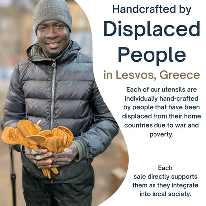 OLIVE WOOD Cooking Spoon, Great Gift, Handcrafted in Greece, Fair Trade Foodie Gift – Artisan Wooden Kitchen Includes Two Greek Recipe Cards - LESVOS WOODCRAFT