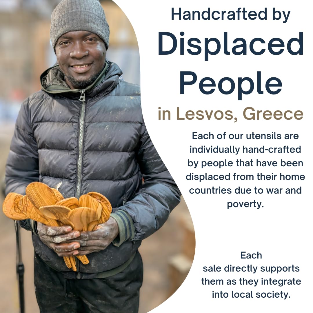 Olive Wood Serving Spoon - 10'' Artisan Utensil, Fair-Trade, Handcrafted Serving Utensils, Olive Wood Utensils, Wooden Cooking Spoon, Includes 2 Greek Recipes - LESVOS WOODCRAFT