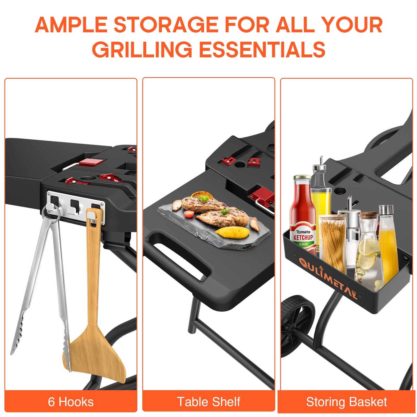 QuliMetal Portable Grill Cart for 17" & 22" Blackstone Griddles and Weber Q1000, Q1200, Q2000, Q2200 Series Grills - Durable, Foldable Cart Table with Wheels Hooks，BBQ Prep Table with Seasoning Tray