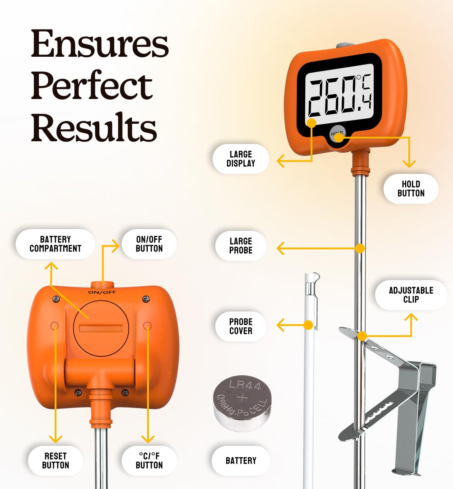 Digital Candy Thermometer with Pot Clip, Instant Read Kitchen Thermometer for Cooking, Baking, and Candy Making – 10" Stainless Steel Probe, LCD Display, Essential Baking Tool