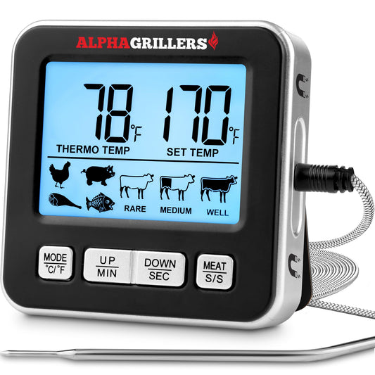 Alpha Grillers Meat Thermometer Digital for Oven - Large Display Oven Thermometer for Cooking - Leave-in BBQ Grilling Probe with 7 Presets, Timer, Alarm - Gifts for Men Him Boyfriend Husband