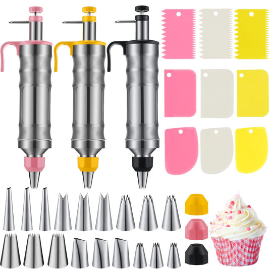 Ziliny 3 Sets Dessert Decorating Syringe Set, Cupcake Frosting Filling Injector with 6 Icing Nozzles 1 Nozzle Connector 3 Cream Scrapers Icing Tool, Cake Decorating Kit, Main Stainless Steel Design