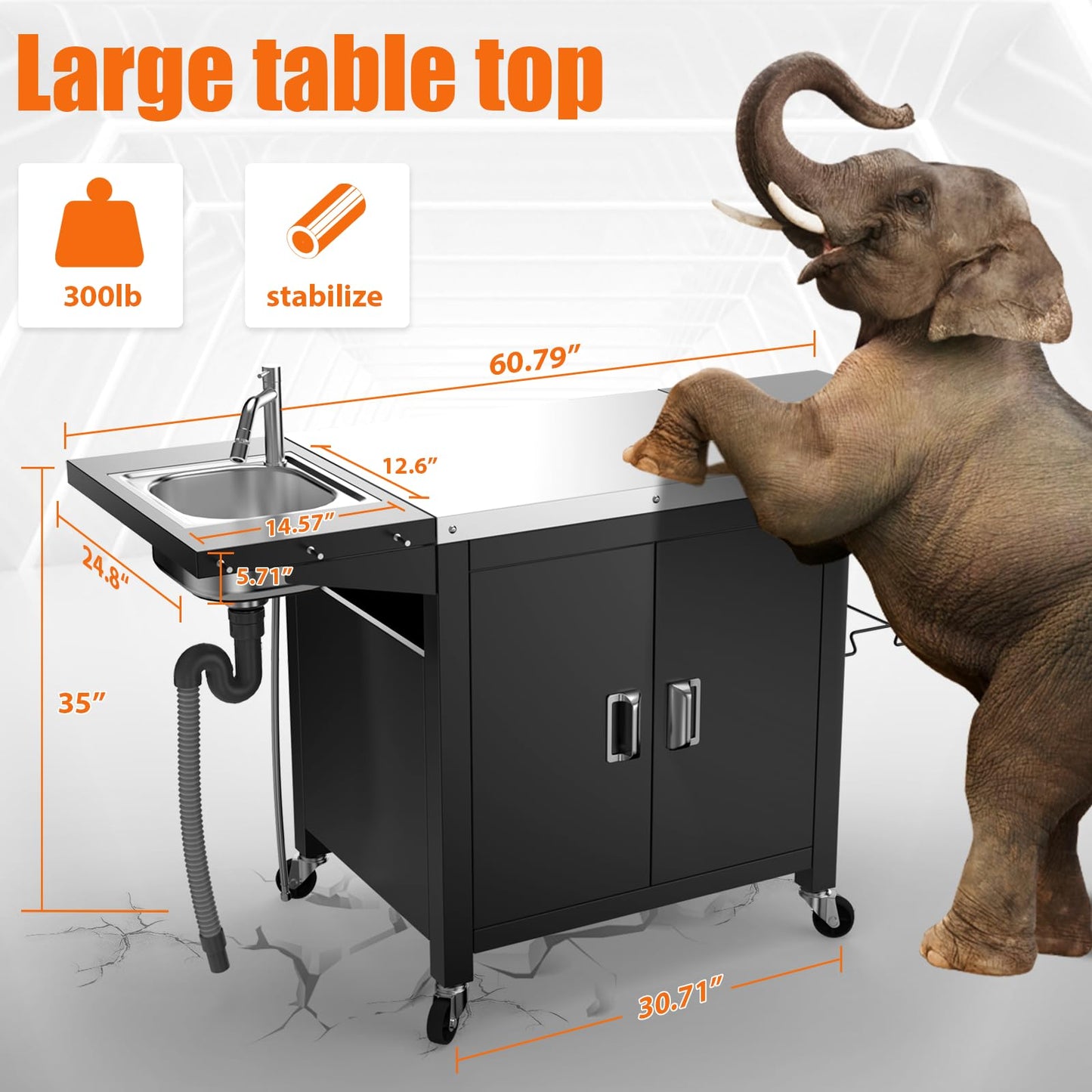 Grill Table with Sink, Outdoor Bar Cart Grill Station, Modular Outdoor Kitchen Island with 100-Gallon Storage Cabinet, 304 Stainless Steel Top, Pizza Oven Table for Lawn & Garden, L60” x W25”