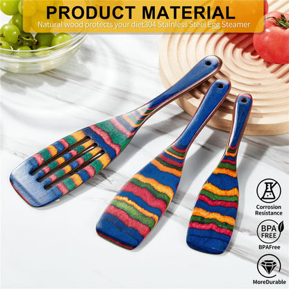 Wooden Spurtle Set, 3 Pcs Teak Wood Wooden Kitchen Utensil Set Includes Spatula(colorful wood）